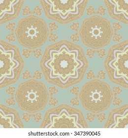 Seamless pattern with symmetric ornate. Tile design with pastel colors. 