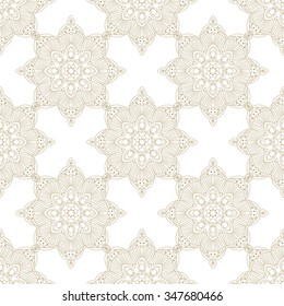 Seamless pattern with symmetric ornate. Tile, fabric design. Two colors.
