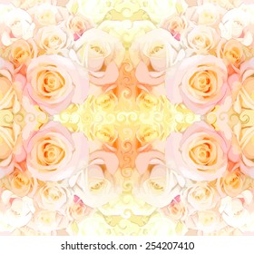Seamless pattern with symmetric row of abstract pink roses in pastel colors