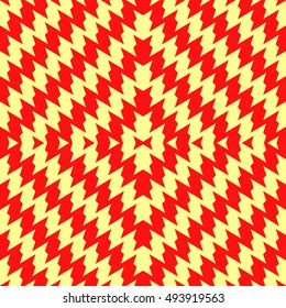 Seamless pattern with symmetric wavy rhombuses ornament. Red color jagged stripes on yellow background. Aztec motif. Abstract wallpaper. Digital paper, textile print, page fill. Vector illustration