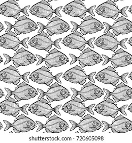 Seamless pattern of symmetrical black and white fishes.