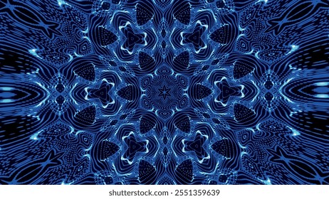 Motif harmonieux avec un design symétrique dans les tons bleus. motif géométrique kaléidoscopique Abstrait. Arrière-plan hypnotique. illustration vectorielle Abstrait.