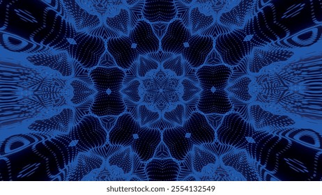 Seamless pattern with symmetrical design in blue tones. Abstract kaleidoscopic geometric pattern. Hypnotic background. Abstract vector illustration.