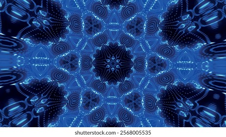 Seamless pattern with symmetrical design in blue tones. Abstract kaleidoscopic geometric pattern. Hypnotic background. Abstract vector illustration.