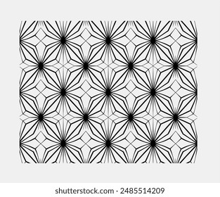 A seamless pattern of symmetrical geometric shapes, forming stars and diamonds in an elegant design, with clean lines on a grey background