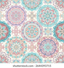 Seamless pattern of symmetrical mandalas hand-painted in watercolor, featuring pastel tones like pink, turquoise, and gold. Inspired by traditional Indian motifs, perfect for yoga decor, fabric prints