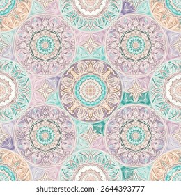 Seamless pattern of symmetrical mandalas hand-painted in watercolor, featuring pastel tones like pink, turquoise, and gold. Inspired by traditional Indian motifs, perfect for yoga decor, fabric prints