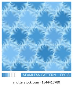 Seamless pattern. Symmetrical round shapes with spiral rays. Technological style of gearwheel. Trendy halftone shading effect. Vector texture