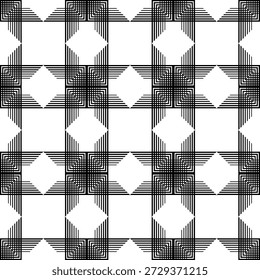 Patrón sin fisuras de diamantes dispuestos simétricamente formados por múltiples líneas. Fondo geométrico blanco y negro para sus diseños. Vector.