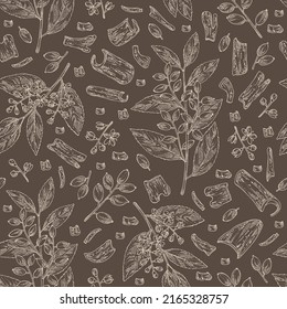 Seamless pattern with symplocos racemosa: lodhra  plant, leaves, flowers, lodhra berryes and symplocos racemosa bark. Cosmetic, perfumery and medical plant. Vector hand drawn illustration.