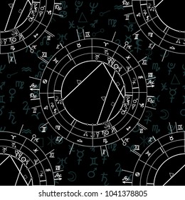 seamless pattern synastry natal astrological chart, zodiac signs vector illustration