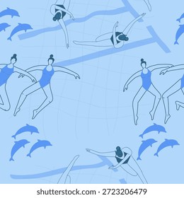 Seamless pattern synchronized swimming, women's team performance. Hand drawn vector illustration.