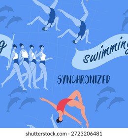 Seamless pattern synchronized swimming, women's team performance. Hand drawn vector illustration.
