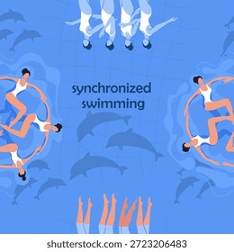 Seamless pattern synchronized swimming, women's team performance. Hand drawn vector illustration.