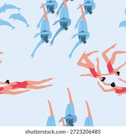 Seamless pattern synchronized swimming, women's team performance. Hand drawn vector illustration.