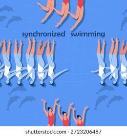 Seamless pattern synchronized swimming, women's team performance. Hand drawn vector illustration.