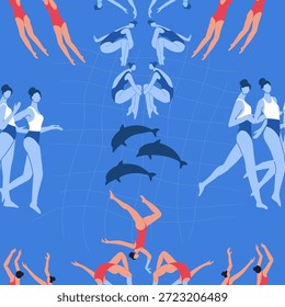 Seamless pattern synchronized swimming, women's team performance. Hand drawn vector illustration.