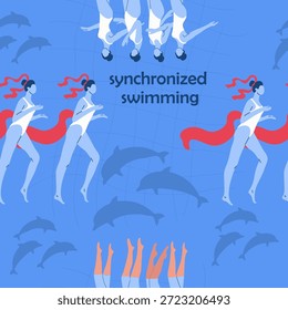 Seamless pattern synchronized swimming, women's team performance. Hand drawn vector illustration.