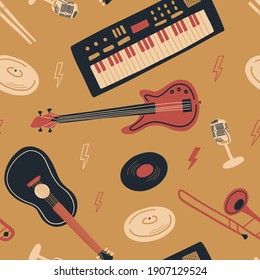 Seamless pattern with synthesizer or piano, drums sticks, vintage microphone, bass guitar, guitar, trombone and lightning. International Music Day. Vector musical instrument set. Doodle elements	