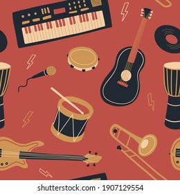 Seamless pattern with synthesizer or piano, tambourine, microphone, bass guitar, guitar, trombone, drums and lightning. International Music Day. Vector musical instrument set. Doodle elements	