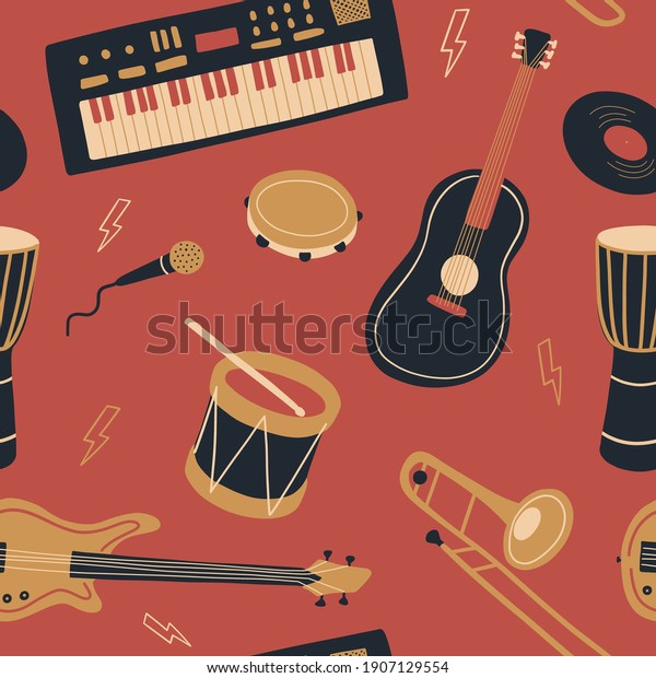 Seamless pattern with synthesizer or piano,\
tambourine, microphone, bass guitar, guitar, trombone, drums and\
lightning. International Music Day. Vector musical instrument set.\
Doodle elements	