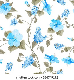 Seamless pattern of Syringa and Hibiscus flowers for fabric samples. Vector illustration.