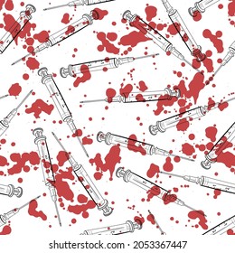 Patrón sin brillo con dibujo lineal en blanco y negro de la jeringa. El rojo cae la sangre. Ilustración vectorial.