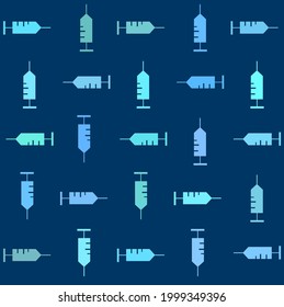 Seamless pattern of syringe on dark blue background. Concept of medical treatment and health care service.