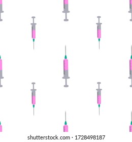 Seamless pattern of syringe with pink liquid.