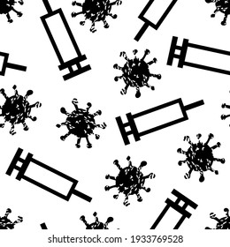 Seamless pattern with Syringe and virus icon. Black and White Silhouette sketch Vector illustration in flat style. Vaccination, Treatment, care, injection concept for packaging, wrapping, fabric.