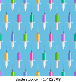 Patrón inoxidable de las jeringas con líquido coloreado dentro, muestras de medicamentos. Antecedentes médicos