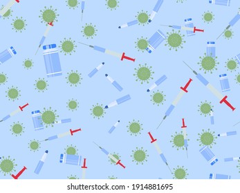 Seamless pattern with syringes, vials and viral cells. Coronavirus vaccine bottle and syringe for injection. Vaccination against covid-19. Vector illustration