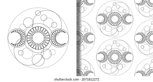 Seamless pattern and t shirt print set with triple moon magic and tattoo symbol