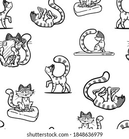Seamless pattern with tabby cats and smartphones. Isolated vector on white background. For clothing, fashion prints, banners, wallpapers, wrapping paper