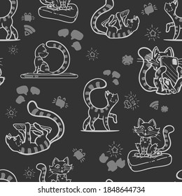 Seamless pattern with tabby cats and smartphones and social media icons. Isolated vector on black background. For fashion prints, banners, websites, social media, packaging