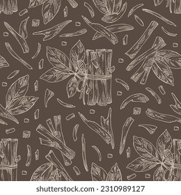 Seamless pattern with  tabebuia impetiginosa: wood,  leaves and tabebuia impetiginosa   bark. Lapacho tea. Vector hand drawn illustration.