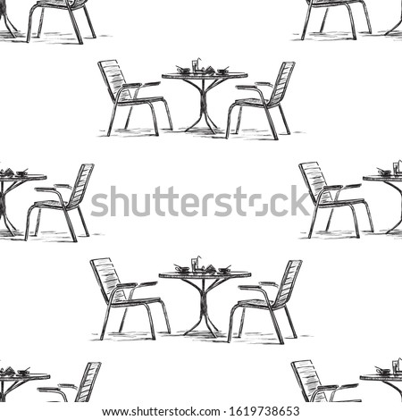 Seamless pattern of table and chairs sketches in outdoor caffe