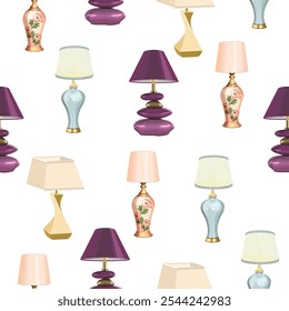 Seamless pattern of table lamps on a white background.The vector pattern of the fixtures.