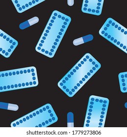 Seamless pattern with tablets, blister of pills, medicine or pills as texture or background for print, web. Vector stock illustration with drugs isolated on black background as a concept of treatment