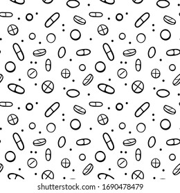 Seamless pattern of tablets, pills in a drawn style. Monochrome image on a white background.