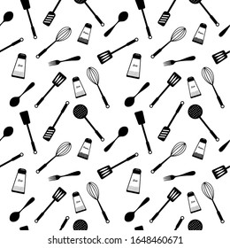  Seamless pattern. Tableware black silhouette on a white background. 