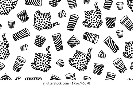 Seamless pattern with tableware or kitchenware. Vector teapot and cups