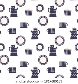 Seamless pattern with tableware. Teapot, milk jug, sugar bowl, cup, saucer, plate. Endless texture with dark crockery and ornaments on a white background. Vector illustration.