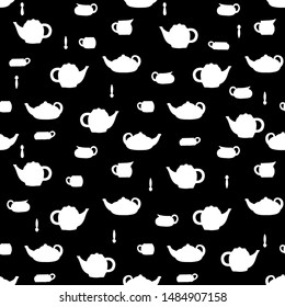 Seamless pattern of tableware.Flat style.Dishes in a simple Scandinavian style. For decoration.The Hygge way of life.Simple form.White figures on a black background.Teapot,Cup,pitcher,spoon.