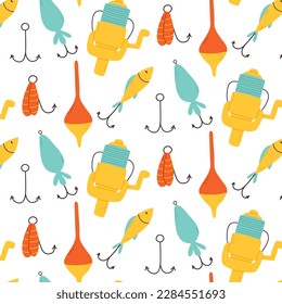 Seamless pattern with tackle and lures for fishing. Vector illustration. Flat style. Fishing print. Pattern with hooks, floats and lures.