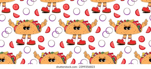 Seamless pattern with taco character in retro cartoon style. Abstract repeating background for restaurant menus, fast food cafes.