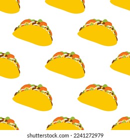 Seamless pattern with taco in flat style. Vector background with traditional Mexican food, folk cuisine, Latin American dish