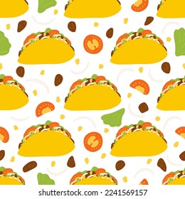 Seamless pattern with taco in flat style. Vector background with traditional Mexican food, folk cuisine, Latin American dish