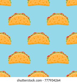 Seamless pattern with taco on blue background. Vector texture.