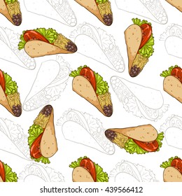 Seamless pattern taco scetch and color